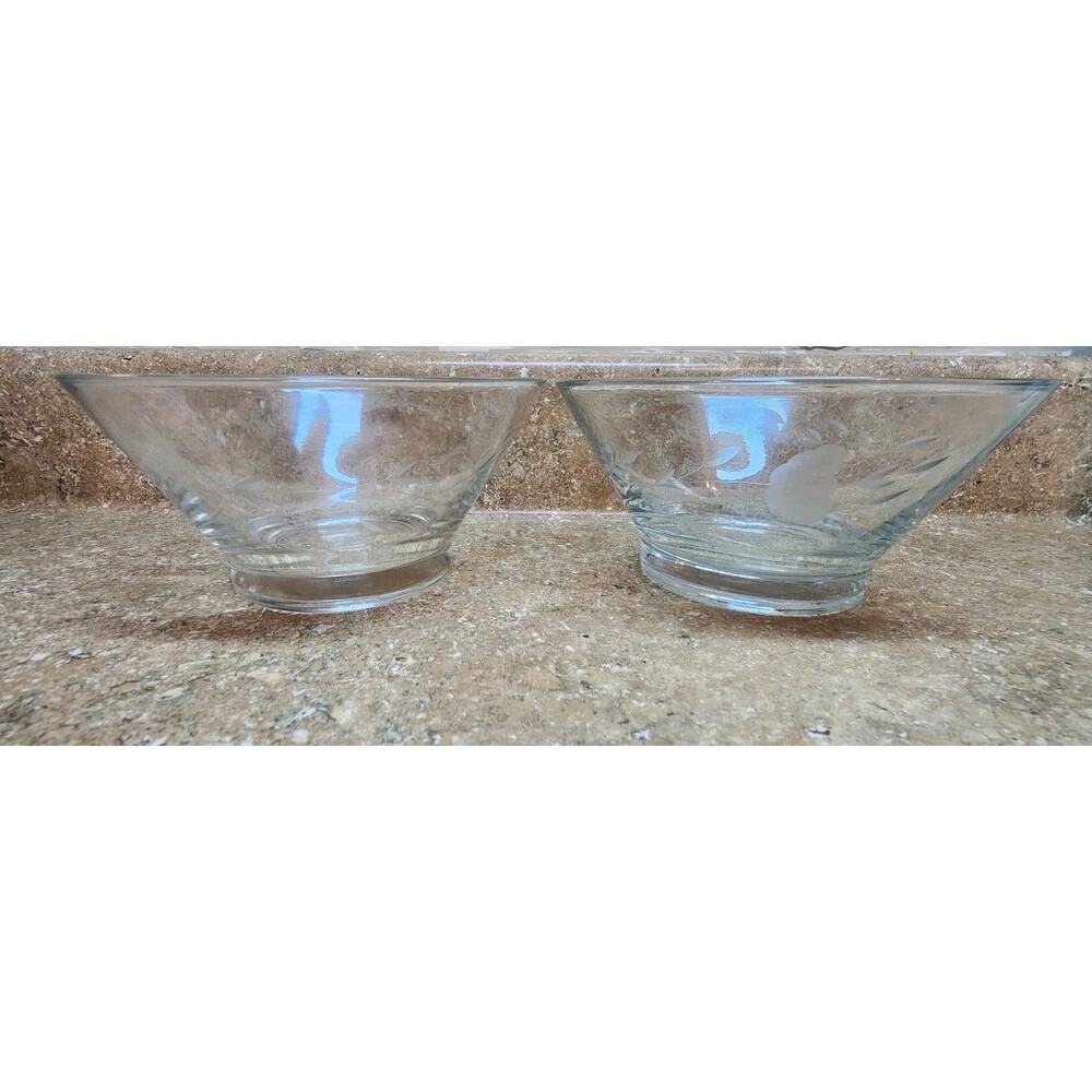 Vintage Etched Lacey Leaf Clear Glass Dessert Berry Bowls - Set of 2